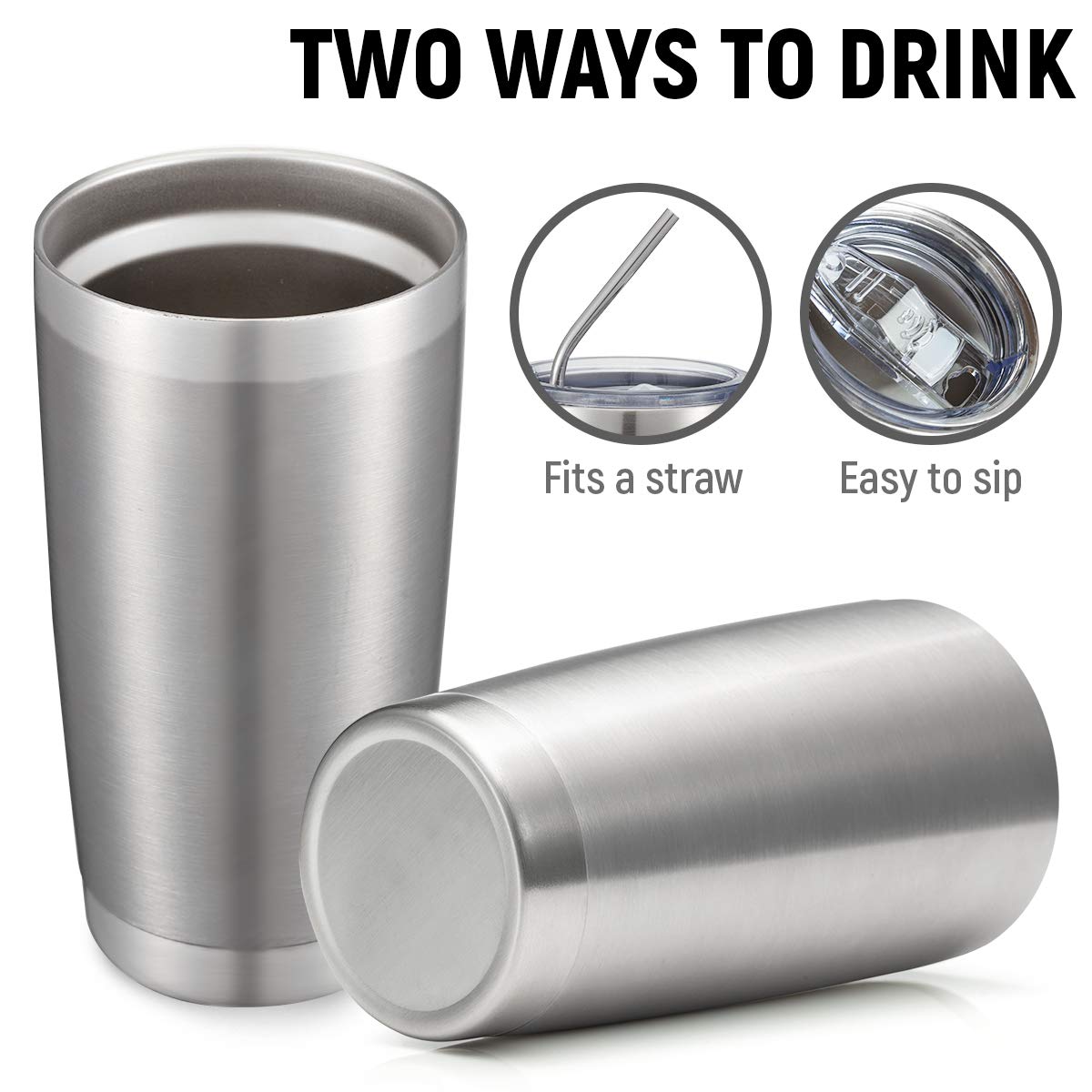 COMOOO 20oz Stainless Steel Tumbler Bulk Double Wall Vacuum Coffee Cup Insulated Travel Mug with Lid and Straw Durable Powder Coated Insulated Coffee Cup for Cold & Hot Drinks (silver, 4 pack