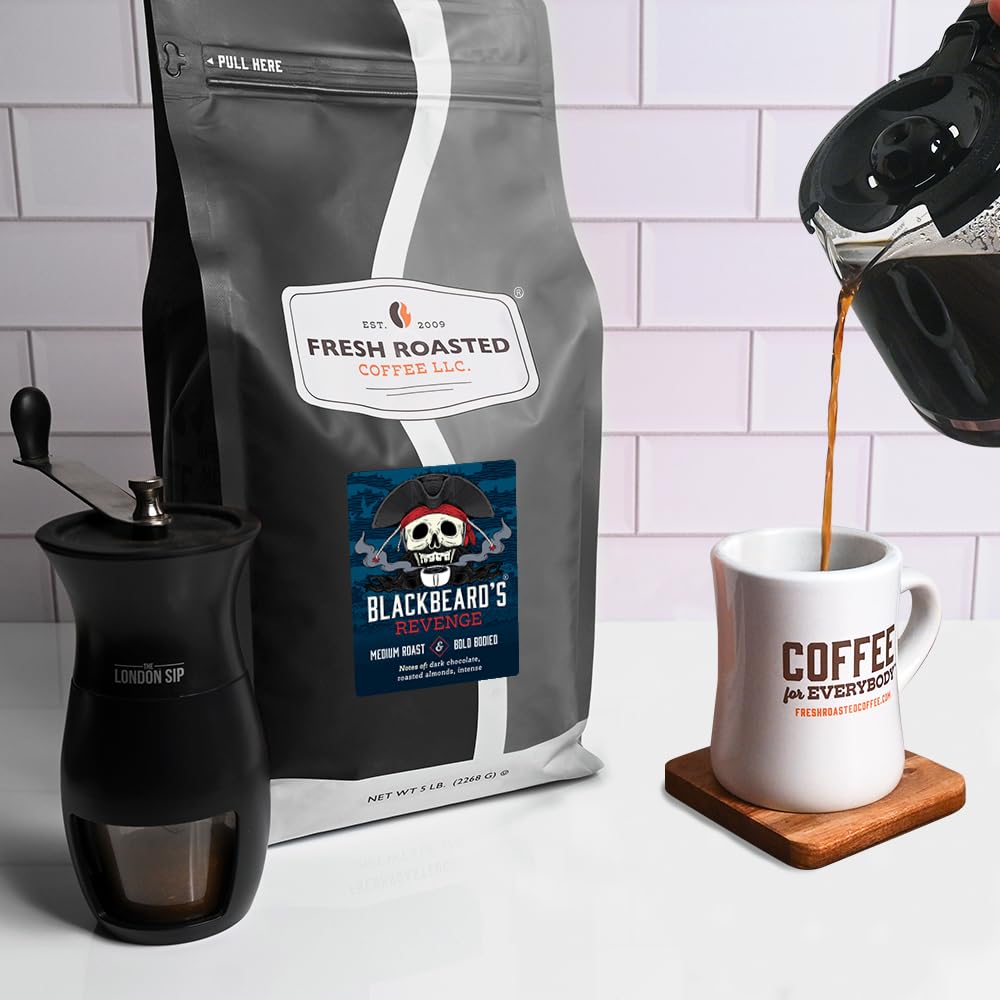 Fresh Roasted Coffee, Blackbeard's Revenge Drip Ground Coffee, Medium Roast, Kosher, 5 lb (80 oz)