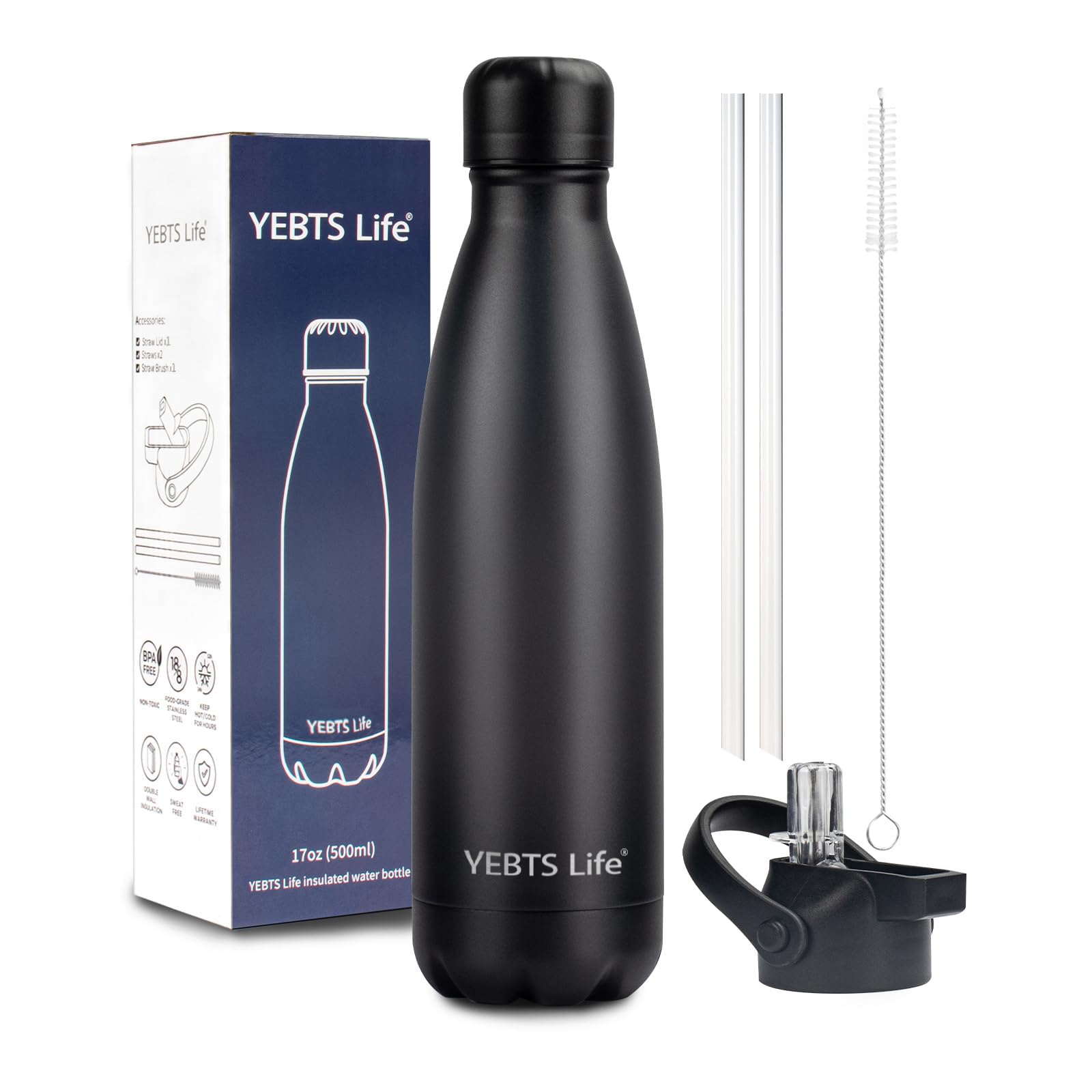Insulated Water Bottle, 17oz Stainless Steel Water Bottles with straw lid, Metal Sports Water Bottles for Boys,Girls, Double Wall Vacuum BPA-Free Flask for School, Sports & Travel-Black