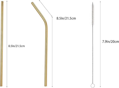 10 Pcs Stainless Steel Straws, Reusable Drinking Straws, 5 Straight + 5 Bent Metal Straws Set With 2 Pcs Cleaning Brushes (Gold, 8.5 Inch)