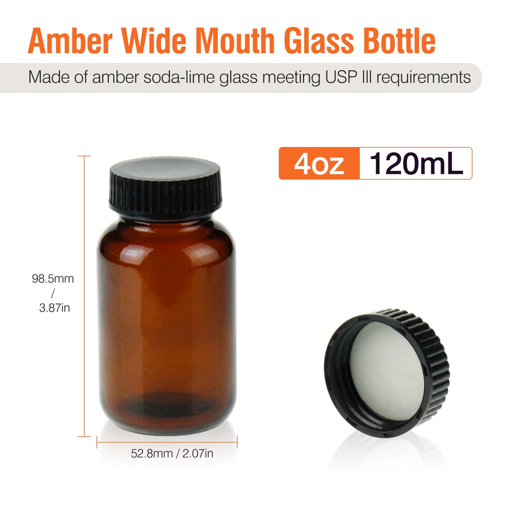 PEKYBIO 24 Pack Amber Glass Wide Mouth Packer Bottle, 120ml (4oz) Capacity with Black Screw Cap for Essential Oils, Laboratory, Sample Storage, Spices, Jewelry