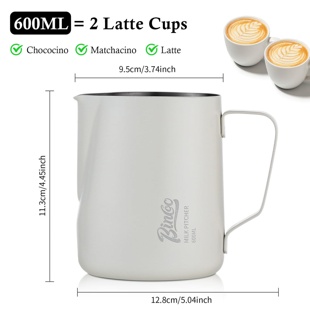 Milk Frothing Pitcher - 600ml/20oz Milk Frother Cup Espresso Steaming Pitcher for Barista, Bincoo SUS304 Stainless Steel Espresso Steaming Pitchers for Latte Art/Cappuccino/Coffee/Milk (White-600ml)