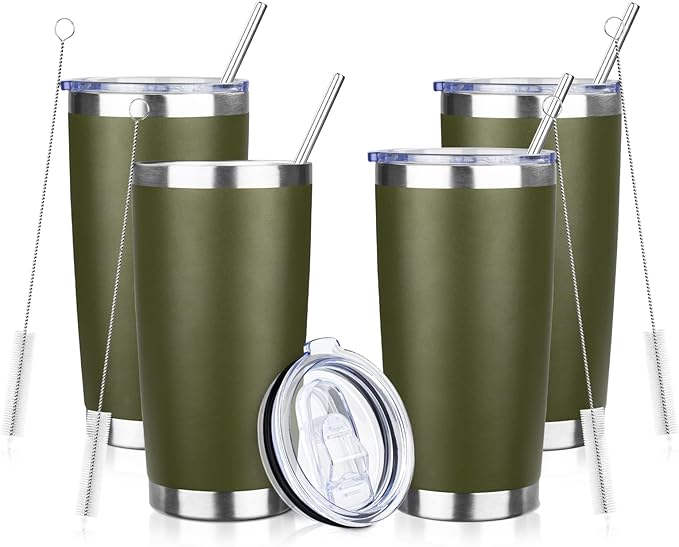 20oz Tumbler Bulk with Lid and Straw, Stainless Steel Double Wall Vacuum Insulated Travel Mug, Powder Coated Coffee Cups for Hot and Cold Drinks,Funny Gifts for Women Men(Navy Green,4)