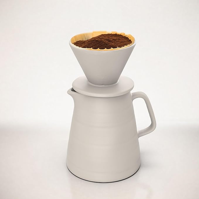 Pour Over Drip Coffee Maker Gift Set with Two Coffee Mugs, Non-Electric Pour Over Coffee Dripper, Easy Manual Brew Maker, Dishwasher and Microwave Safe, Filters not included (Ivory)