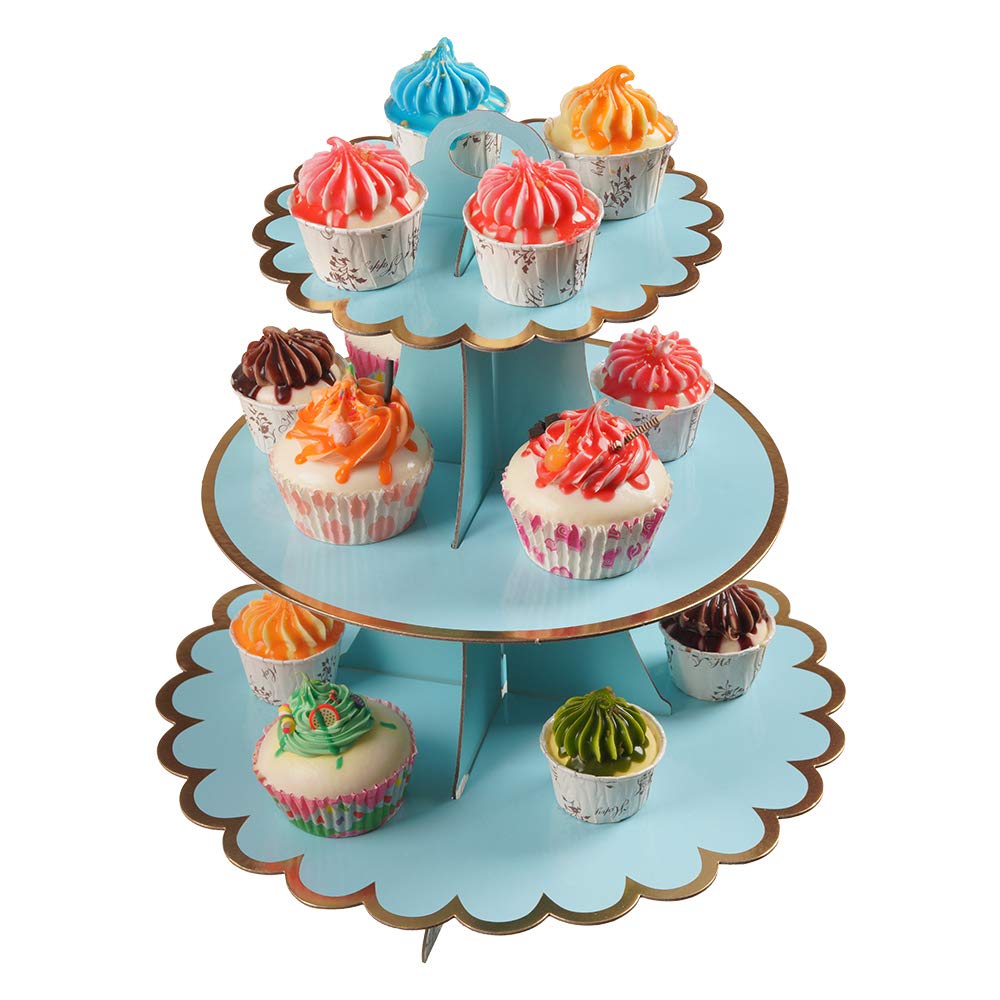 YLDW Cupcake Stand with Lace Trim, 3-Tier Cupcake Stand Display, Cardboard Cup Cake Tower Stand, Disposable Dessert Stand for Birthday Tea Party Baby Shower Treat Decorations, Mint Blue