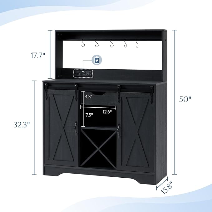 Wnutrees Farmhouse Coffee Bar Cabinet with Charging Station and USB Ports, Sliding Barn Door, 39" Kitchen Hutch Sideboard Buffet Storage Cabinet, Fits Kitchen Dining Living Room, Black