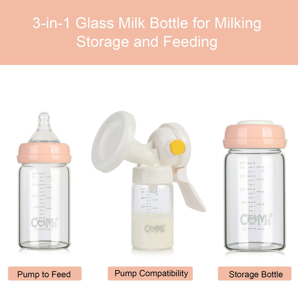 COMI Wide Neck Glass Breastmilk Collection n Storage Bottle, 4 Packs, 6oz with Screw Ring Sealing Disk; Re-markable Sealing Disc. BPA Free, Fits Breast Pumps & Nipples (4 Pink Lids)