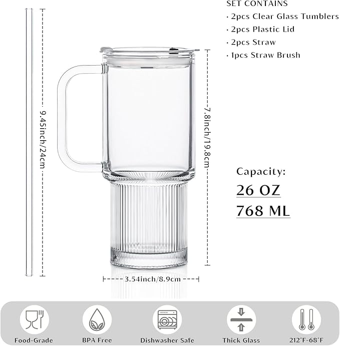INSETLAN 26oz Glass Tumbler with Handle & Lid – 2-Pack Large Iced Coffee Cups with Straws, Modern Glass Mug for Cold & Hot Beverages, Aesthetic Travel Cup for Smoothies, Tea, and Juice