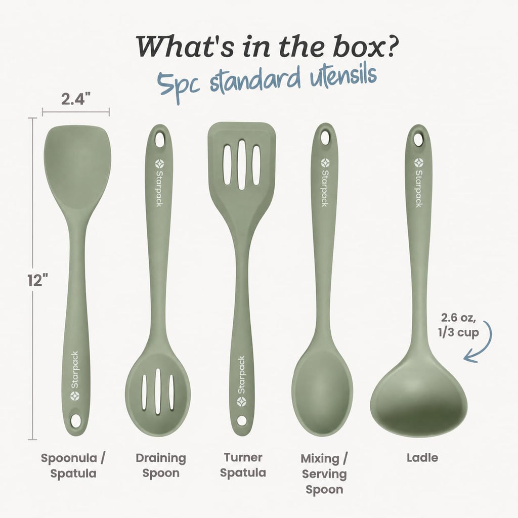 Starpack Stir and Serve Silicone Cooking Utensils Set (5-Piece, 11") - LFGB Non Toxic, 600°F Heat Resistant, BPA-Free - One-Piece Seamless, Dishwasher Safe - for Nonstick Cookware, Sage Green