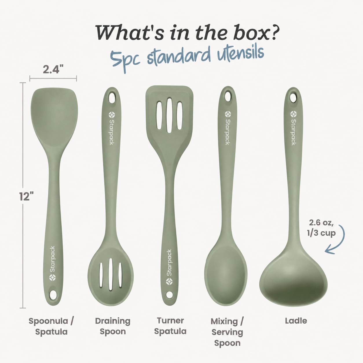 Starpack Stir and Serve Silicone Cooking Utensils Set (5-Piece, 11") - LFGB Non Toxic, 600°F Heat Resistant, BPA-Free - One-Piece Seamless, Dishwasher Safe - for Nonstick Cookware, Sage Green