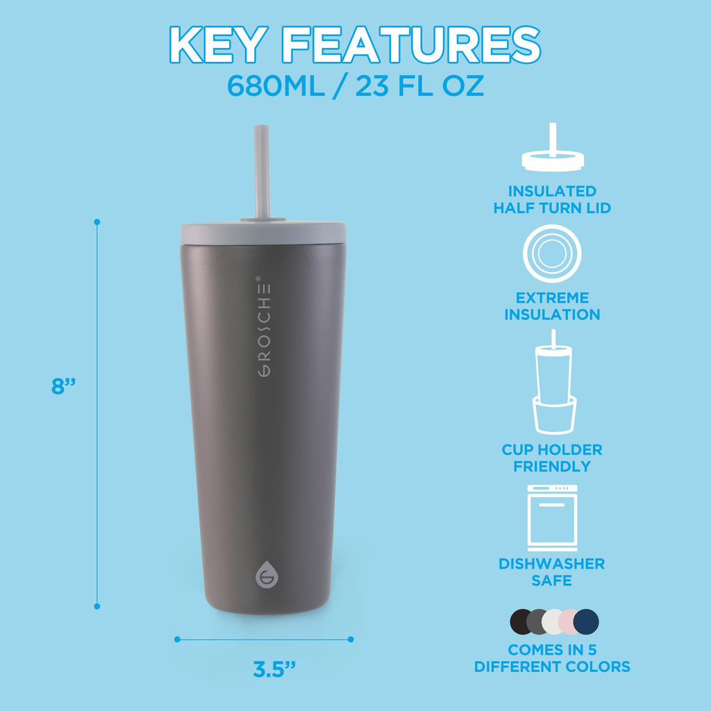 GROSCHE Jasper Insulated Stainless Steel Tumbler with Straw, Grey, 23 oz