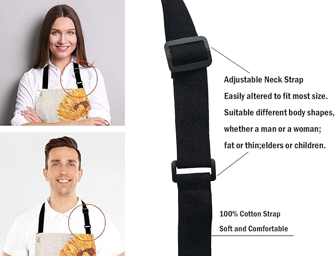 Watercolor Sunflowers Adjustable Bib Apron,Vintage Style Floral Print Cooking Kitchen Apron for Men Women
