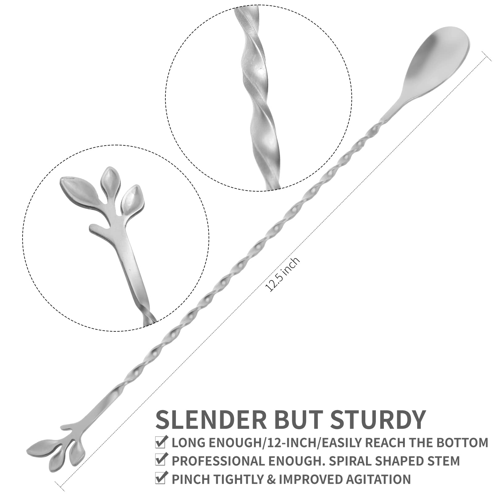 AnSaw Silver 12-Inch Stainless Steel Cocktail Spoon with Leaf Handle - Perfect for Mixing & Layering Drinks in Tall Cups, Bar & Shakers - Durable Long Handle Bar Stirrer,2-Pieces