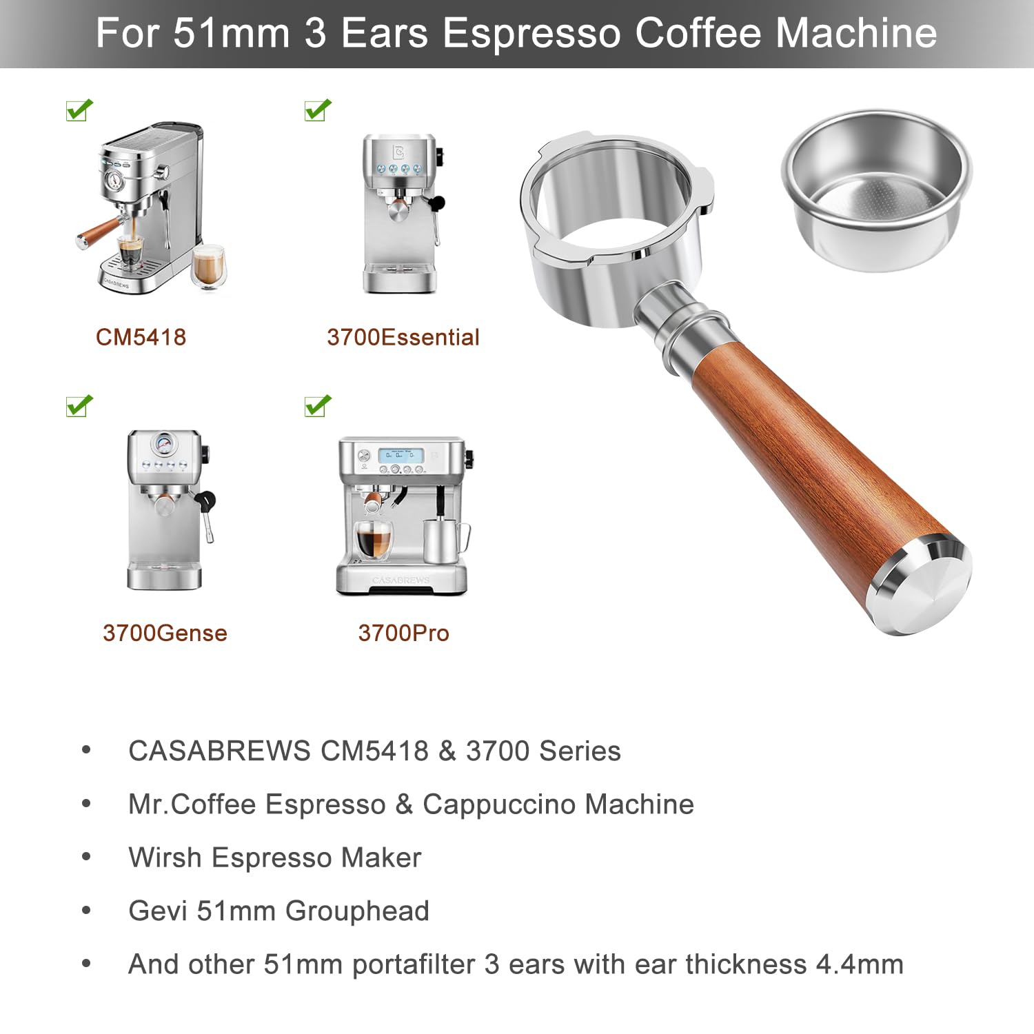 51mm Bottomless Portafilter 3 Ears Fits for CASABREWS CM5418, 3700Essential, 3700Gense, 3700Pro, Gevi 51mm 3 Ears Grouphead, Mr. Coffee Espresso and Cappuccino Machine, Stainless Steel Filter Basket