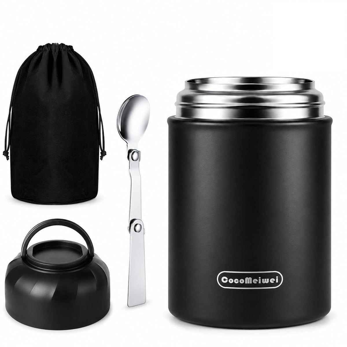 CocoMeiwei Soup Thermo for Hot Food & Drinks, Thermo Lunch Box for Kids, 17oz Vacuum Insulated Food Container with Spoon&&Drawstring Bag, Soup Therm for Adults,Black&White