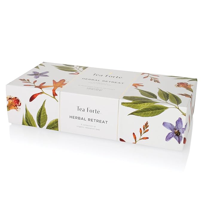 Tea Forte Herbal Retreat Organic Caffeine Free Premium Herbal Tea Petite Presentation Box Tea Gift Set Sampler, 10 Handcrafted Pyramid Tea Bag Infusers