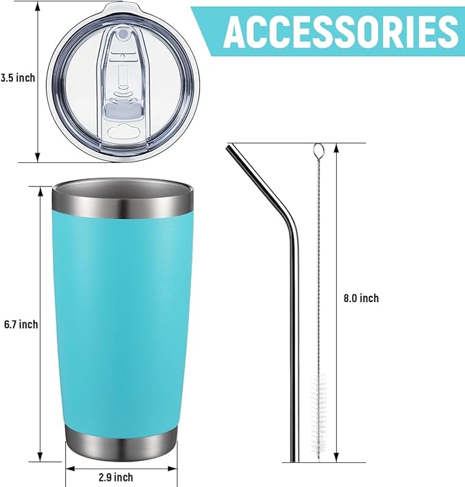 COMOOO 20oz Double Wall Vacuum Insulated Travel Mug Bulk Stainless Steel Tumbler with Lid and Straw Durable Powder Coated Insulated Coffee Cup for Cold & Hot Drinks (Light Blue, 12 pack
