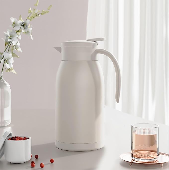 41 Oz Thermal Coffee Carafe Stainless Steel Insulated Thermos Double Wall Vacuum Flask Leak-Proof Thermos for Travel Office School Party Camping Use-Milk rice white