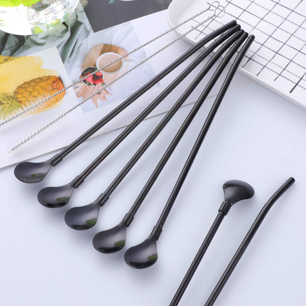 Straw Spoon, 8PCS 8.5inch 18/8(304) Stainless Steel Metal Straws Spoon Reusable Straws Spoon + 2 Brushes（Black）