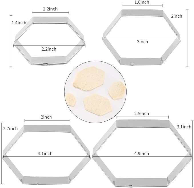 Hexagon Cookie Cutter Set 4 Sizes- 5 Inch, 4 Inch, 3 Inch, 2 Inch Stainless Steel Geometric Gem Cookie Cutters Shapes Molds