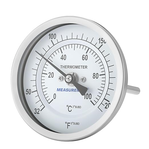 MEASUREMAN Hot Water Thermometer, 3" Dial, 2" Lead-Free Brass Stem, 32-212F/0-100C Range, 2% Accuracy, Adjustable, 1/2" NPT Back Mount