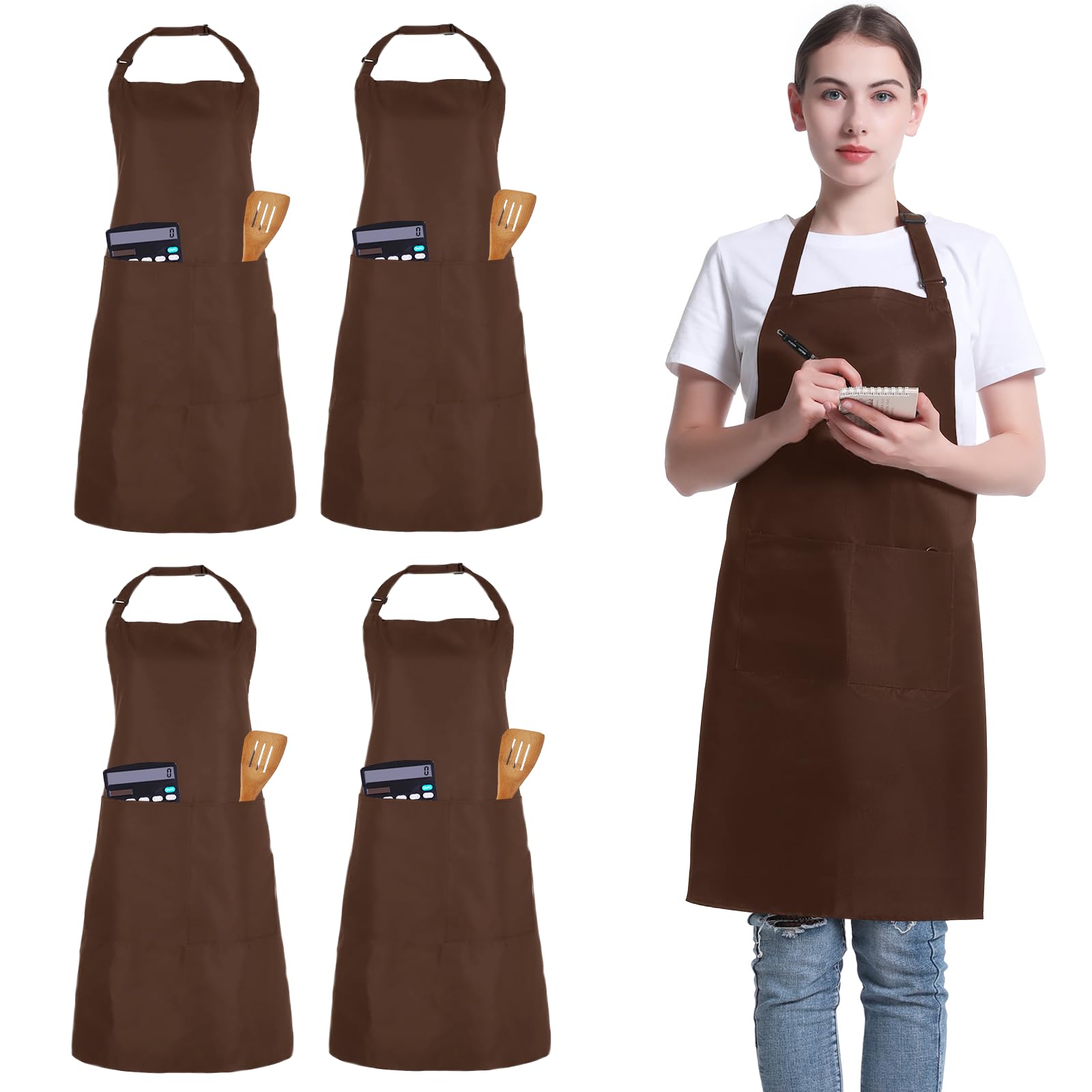 FunChaos 4 Pack Chef Apron, Adjustable Apron with 2 Pockets, Unisex Personalised Apron for Cooking, Kitchen, Restaurant (Brown)