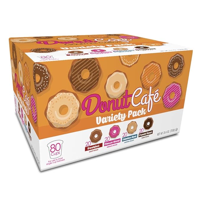 Donut Café K-Cup Coffee Pods, Light Medium and Dark Roast, Variety 80 Count