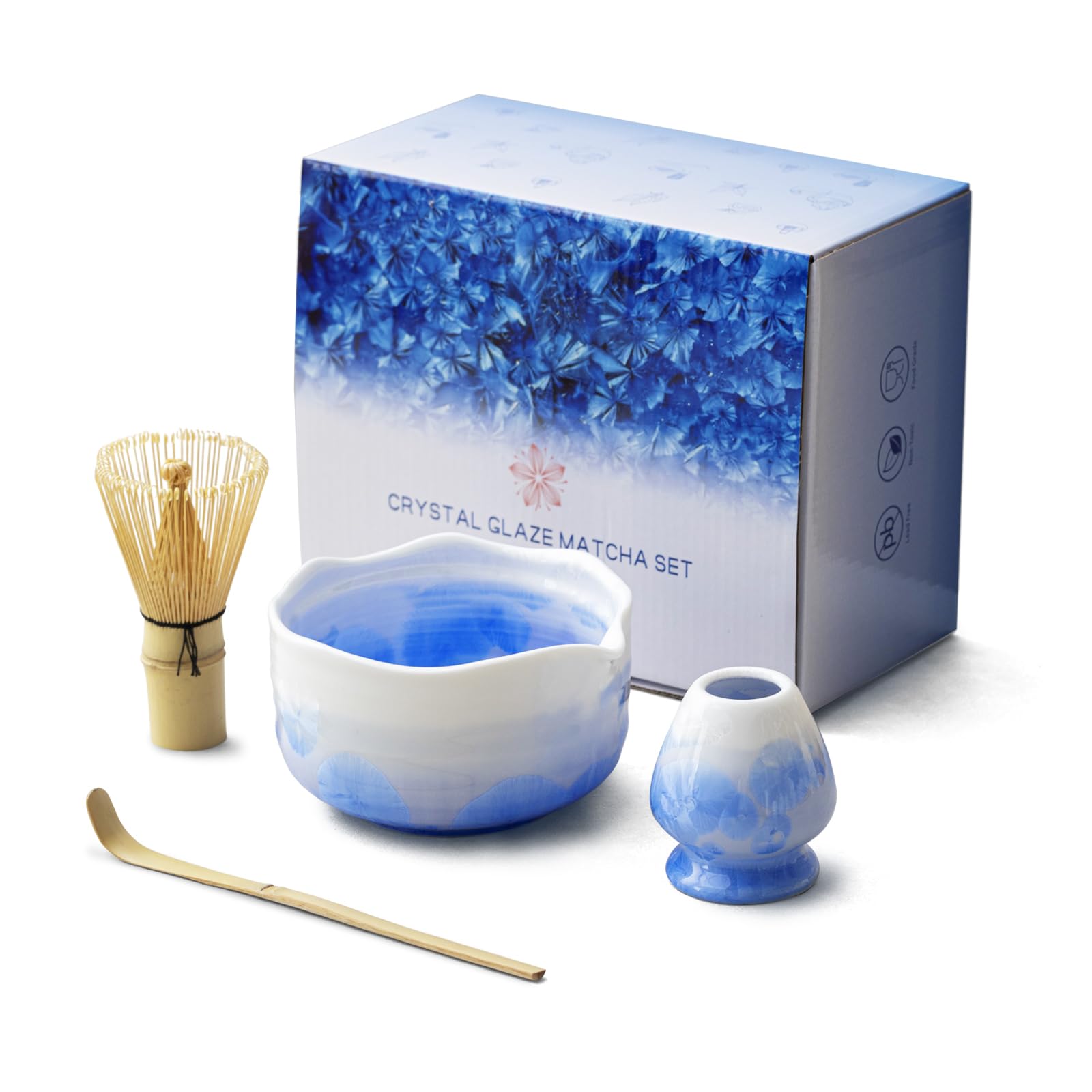 Natural Crystal Flower Matcha Set - 4 Pcs Food Grade Matcha Kit with Spouted Bowl, Matcha Whisk, Scoop and Chasen Holder - Matcha Tea Ceremony Gift for Matcha Lovers (Mist Azure)