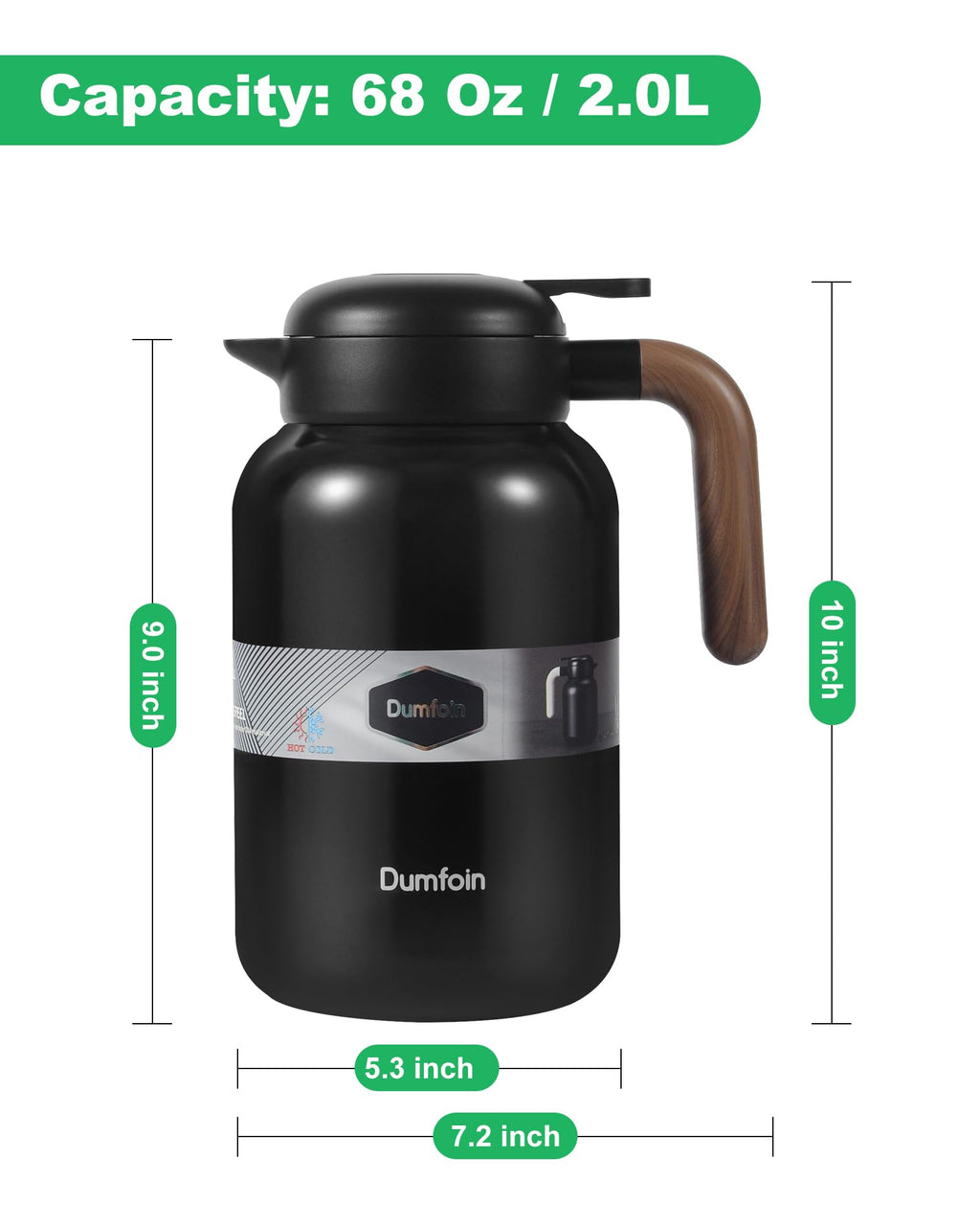 68 Oz Thermal Coffee Carafe, Stainless Steel Insulated Vacuum Coffee Carafes For Keeping Hot, 2 Liter Carafe for Hot Liquids (Matte Black)