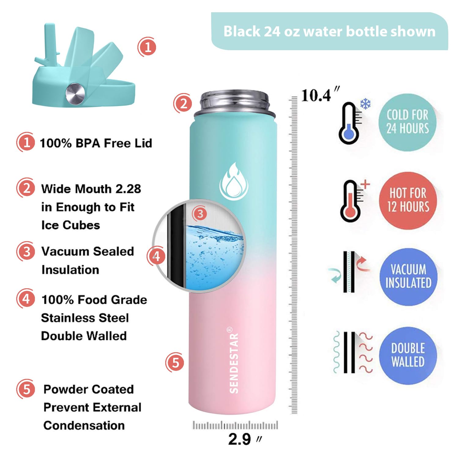 SENDESTAR Stainless Steel Wide Mouth Water Bottle 24oz Double Wall Vacuum Insulated Leak Proof Bottle with New Flex Straw Lid & Spout Lid