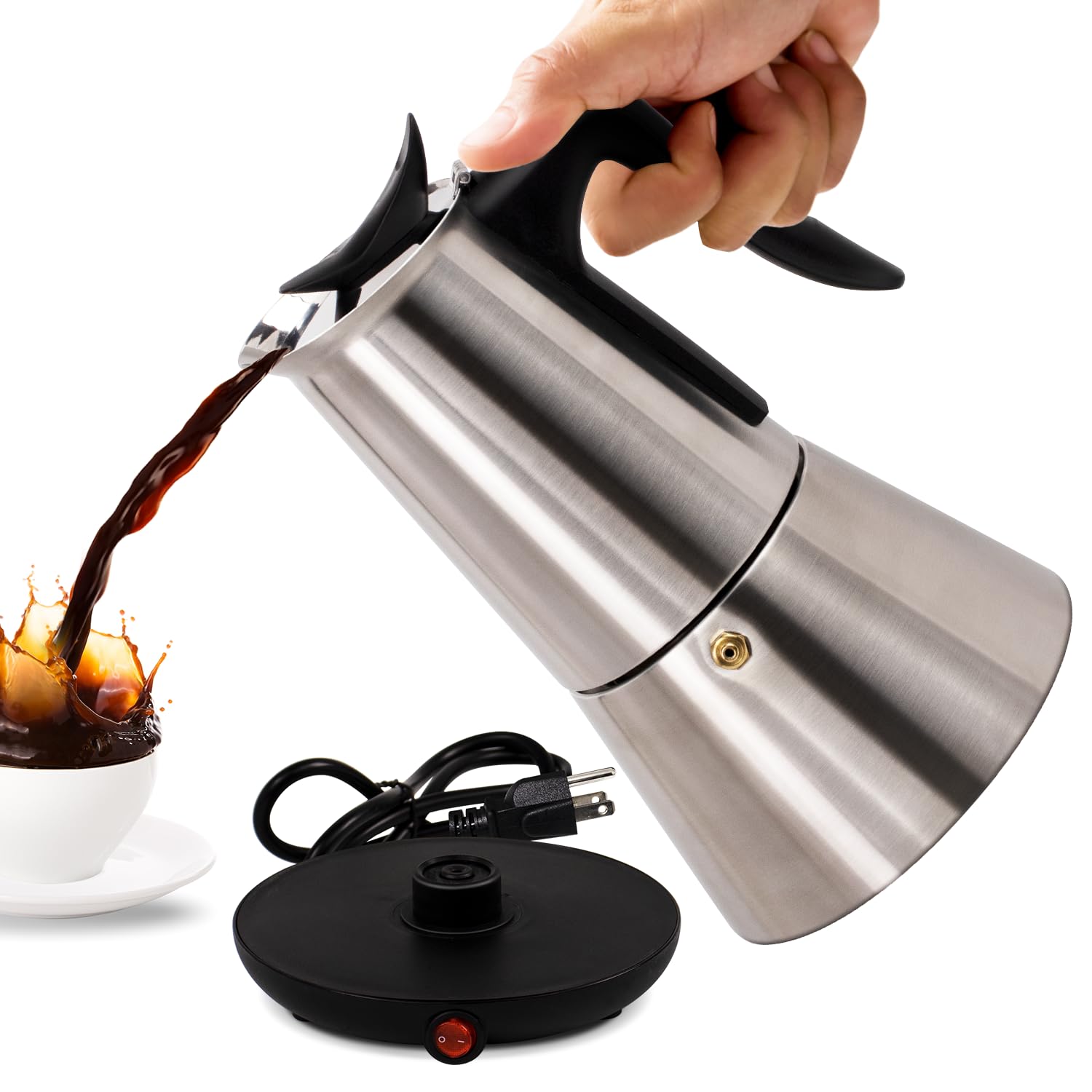 Vaolvpant Electric Stainless Steel Moka Pot 6 Cup 300ml Mocha Pot