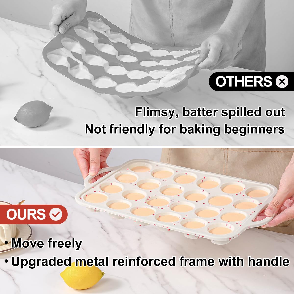 CAKETIME Mini Muffin Pan, Metal Reinforced Frame Mini Cupcake Pans 24 Cups Nonstick Muffin Silicone Molds with Handle for Baking Muffins, Cupcakes, Egg Bites 2 Pack Heart-Shaped