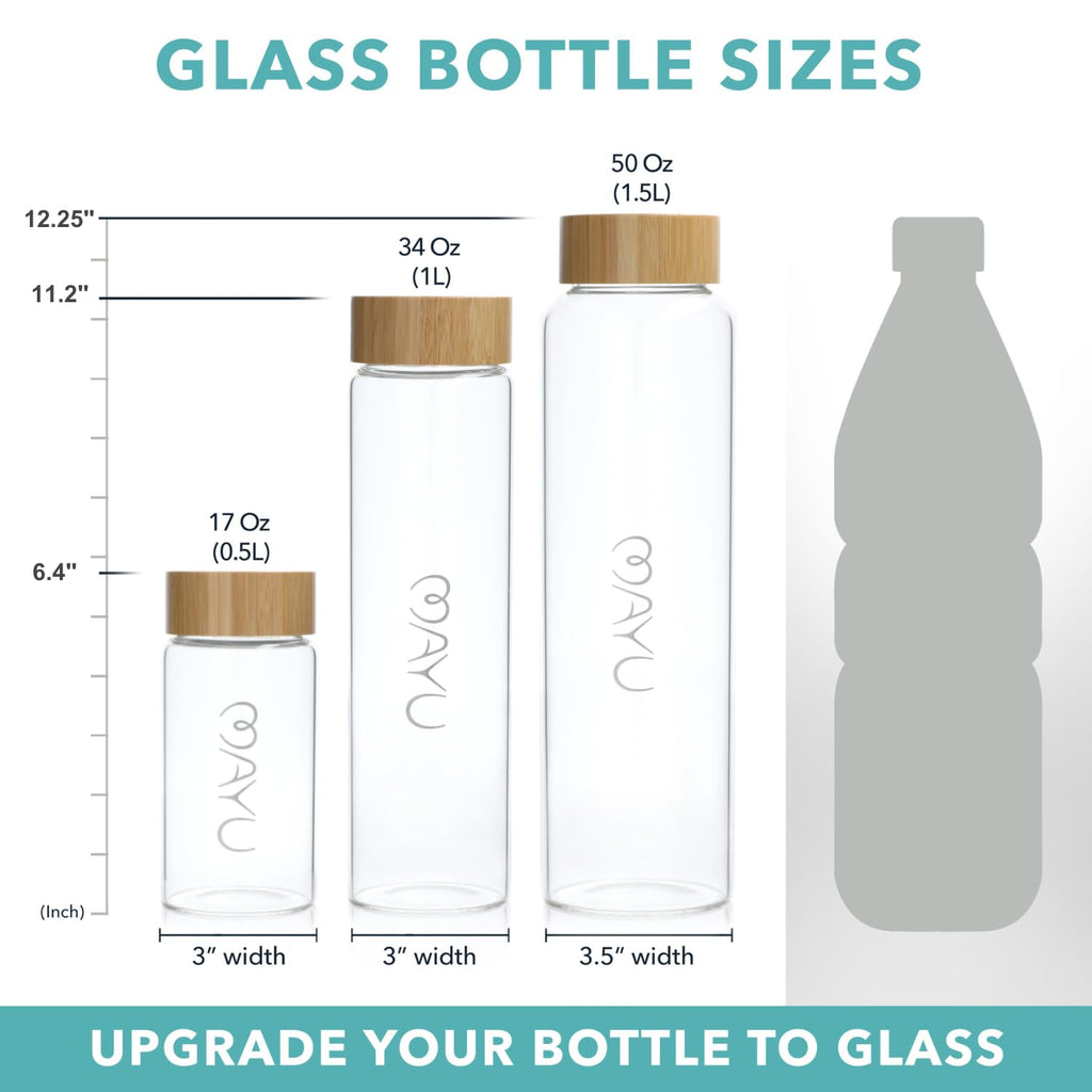 mayu, Pure Glass Reusable Water Bottle w/Bamboo Lid (1.5 Liter) 100% Grade-A Borosilicate Glass, Modern Minimalist Design, Leak Proof, Eco Friendly, Great for Outdoor & Everyday Use, Dishwasher Safe