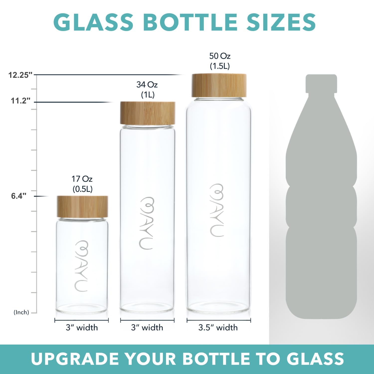 mayu, Pure Glass Reusable Water Bottle w/Bamboo Lid (1.5 Liter) 100% Grade-A Borosilicate Glass, Modern Minimalist Design, Leak Proof, Eco Friendly, Great for Outdoor & Everyday Use, Dishwasher Safe