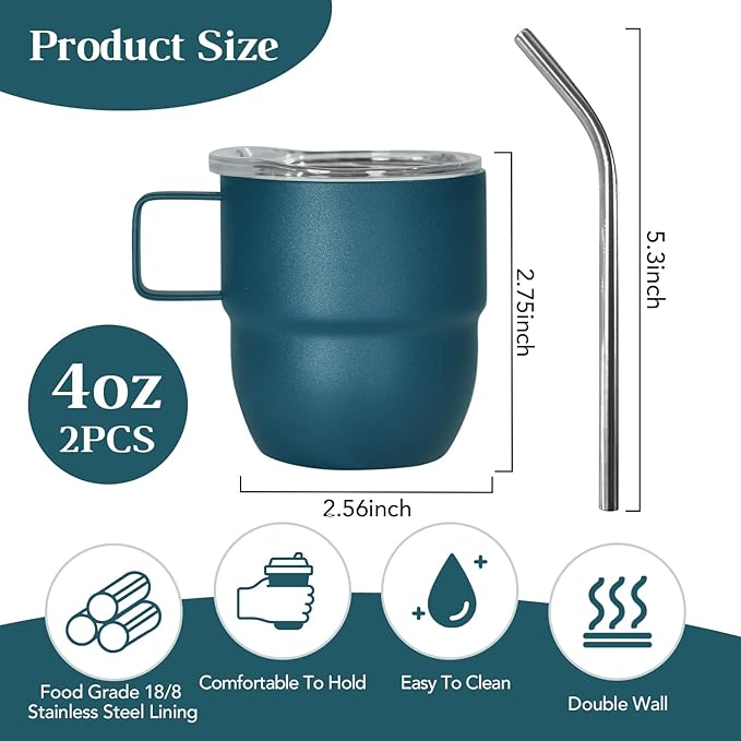 4oz Stackable Cup, Vacuum Insulated Espresso Cup Set of 2, Espresso Shot Mug for Coffee, Double Wall Stainless Steel Mini Tumbler Shot Glasses with Straw and Lid (B-blue2P, 4oz)