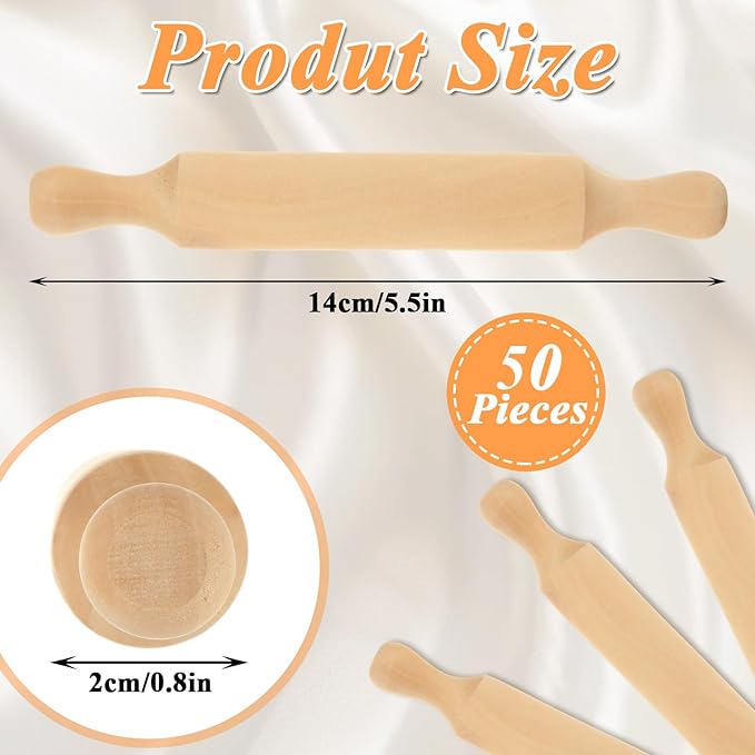 50Pcs Wooden Mini Rolling Pin, 5.5 Inches Mini Rolling Pin for Crafts, Small Dough Rolling Pins for Imaginative Play and Baking Pastry Pizza Cookie Create, Halloween and Christmas Presents