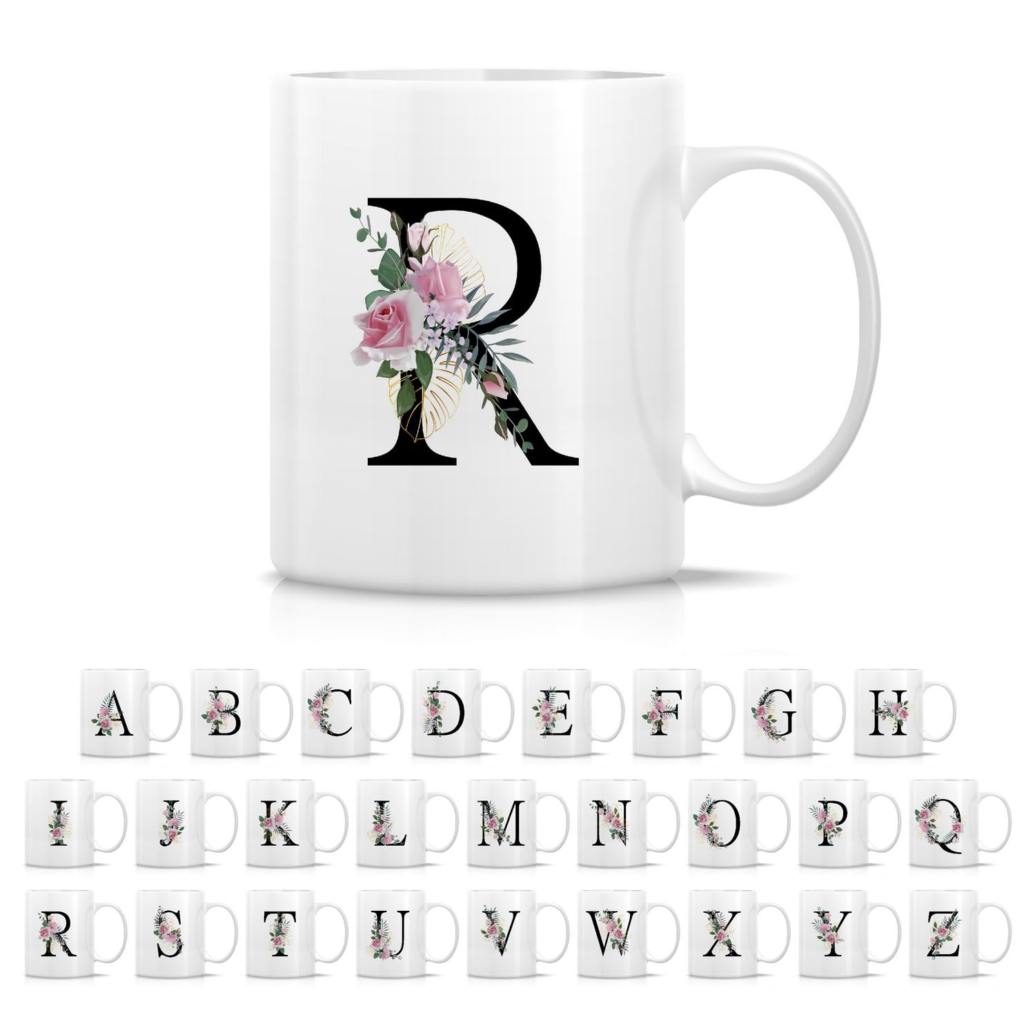 Retreez Initial A-Z Floral Botanical Bouquet Alphabet Monogrammed Monogram Mug 11 Oz Ceramic Tea Coffee Mugs - Appreciation Thank You Wedding Birthday Gifts for her friend coworker sister - R Initial