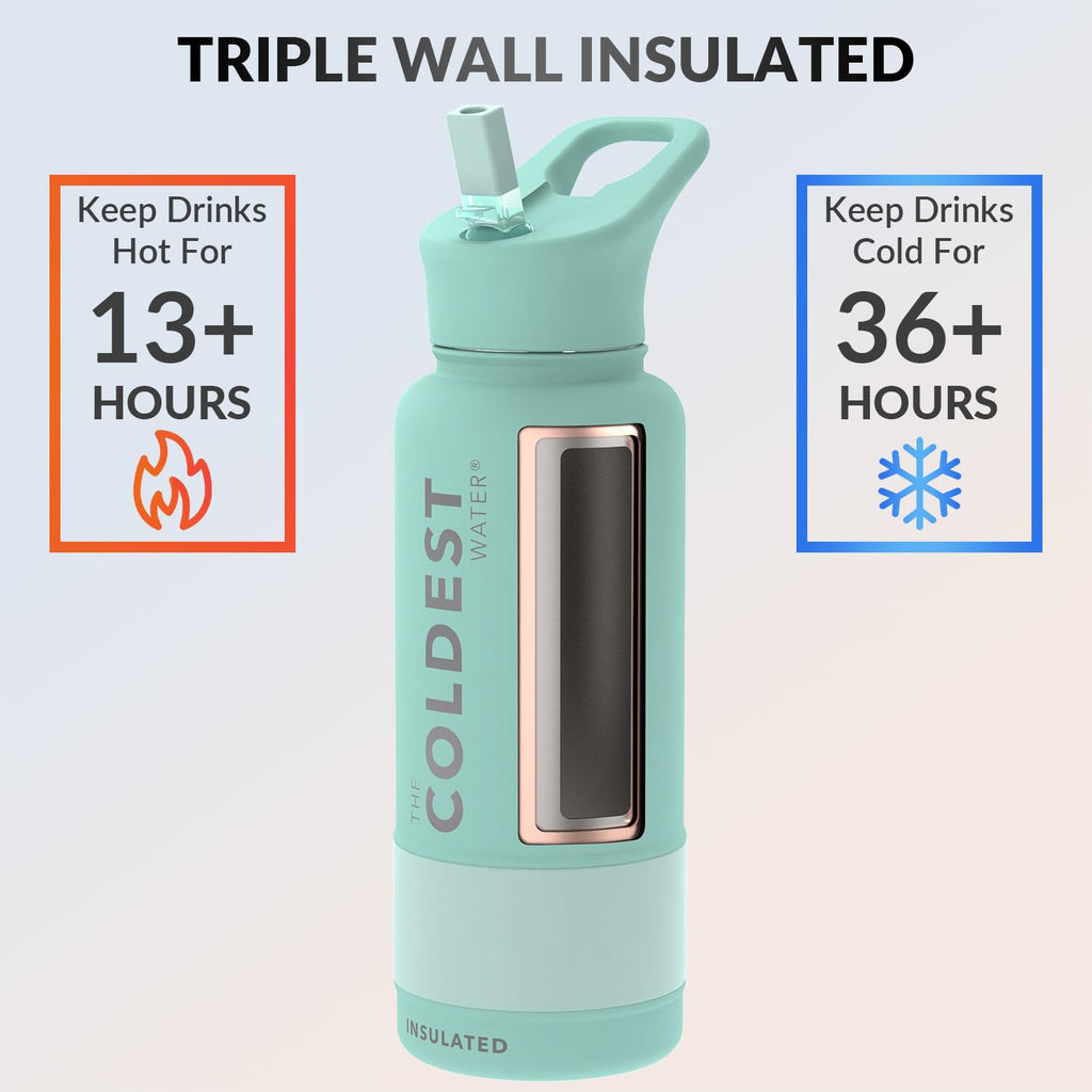 Coldest Insulated Water Bottle with Straw Lid - Stainless Steel Metal Insulated Bottle for Men & Women (Oceanic Green, 32 oz)