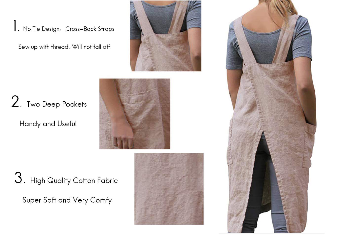 Larmliss Women's Pinafore Square Apron Baking Cooking Gardening Works Cross Back Cotton/Linen Blend Dress with 2 Pockets Pink-XL