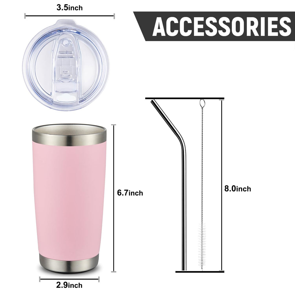 COMOOO 20oz Double Wall Vacuum Insulated Travel Mug Stainless Steel Tumbler with Lid and Straw Durable Powder Coated Insulated Coffee Cup for Cold & Hot Drinks (Pink, 12 pack