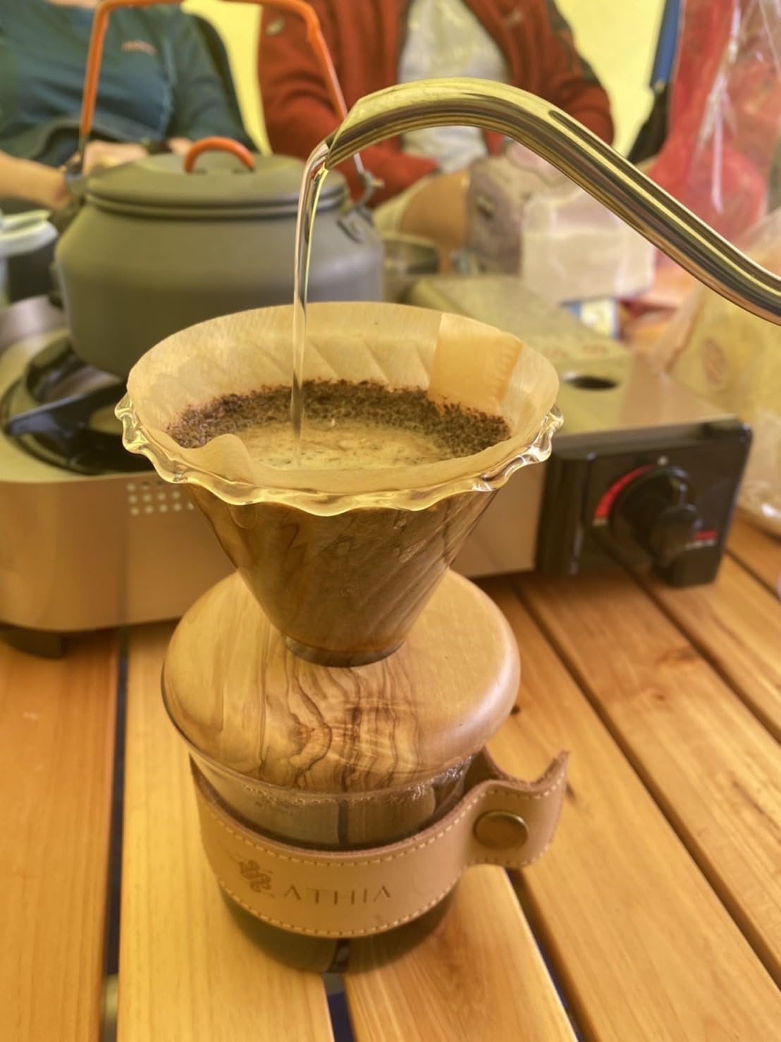 ATHIA glass pour over coffee maker set, minimalist drip coffee maker with reusable cloth filter, glass coffee dripper, olive lid & leather sleeve for single cup manual brewing (Olive Wood)