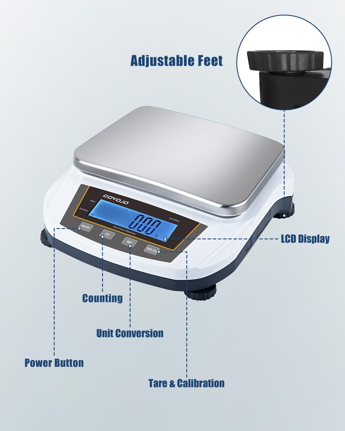 GOYOJO Analytical Balance, 5000g x 0.01g Lab Scale, High Precision Digital Scientific Scale with Stainless Steel Pan, 19 Units, Tare & Piece Counting for Laboratory, Jewelry and Kitchen
