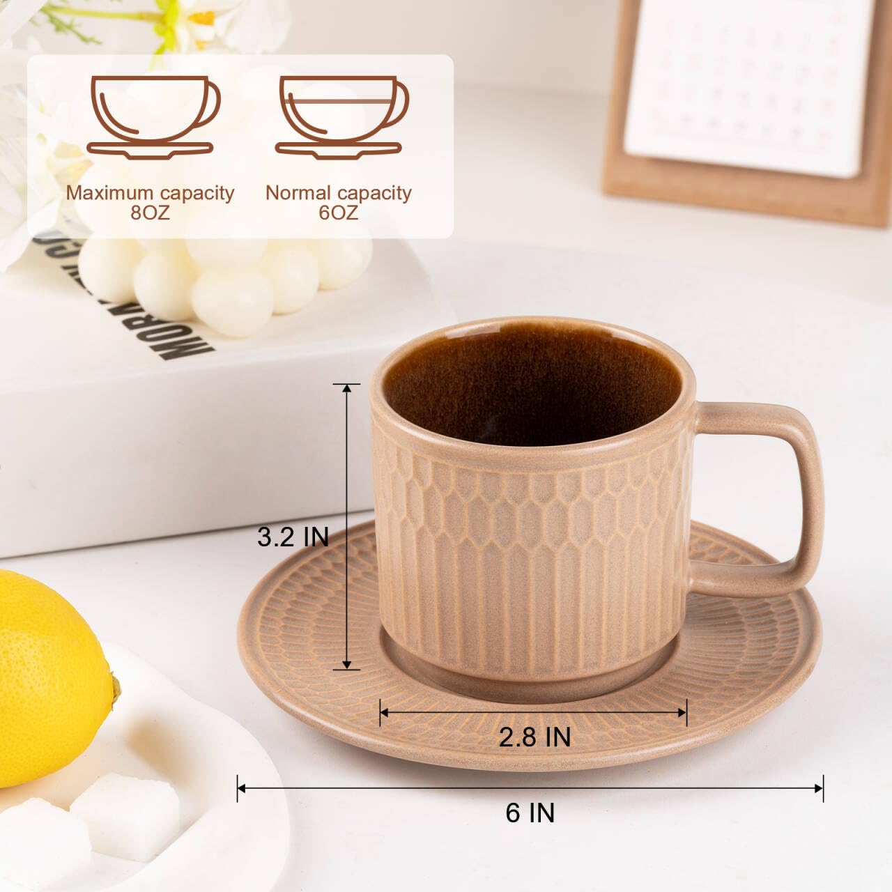 WHITEPEONY 8oz Cappuccino Cups with Saucers Set of 4, 8 Ounce Stackable Embossed Ceramic Coffee Mugs for Specialty Coffee Drinks, Latte Mugs, Cafe Mocha and Tea, Dishwasher & Microwave Safe (Brown)