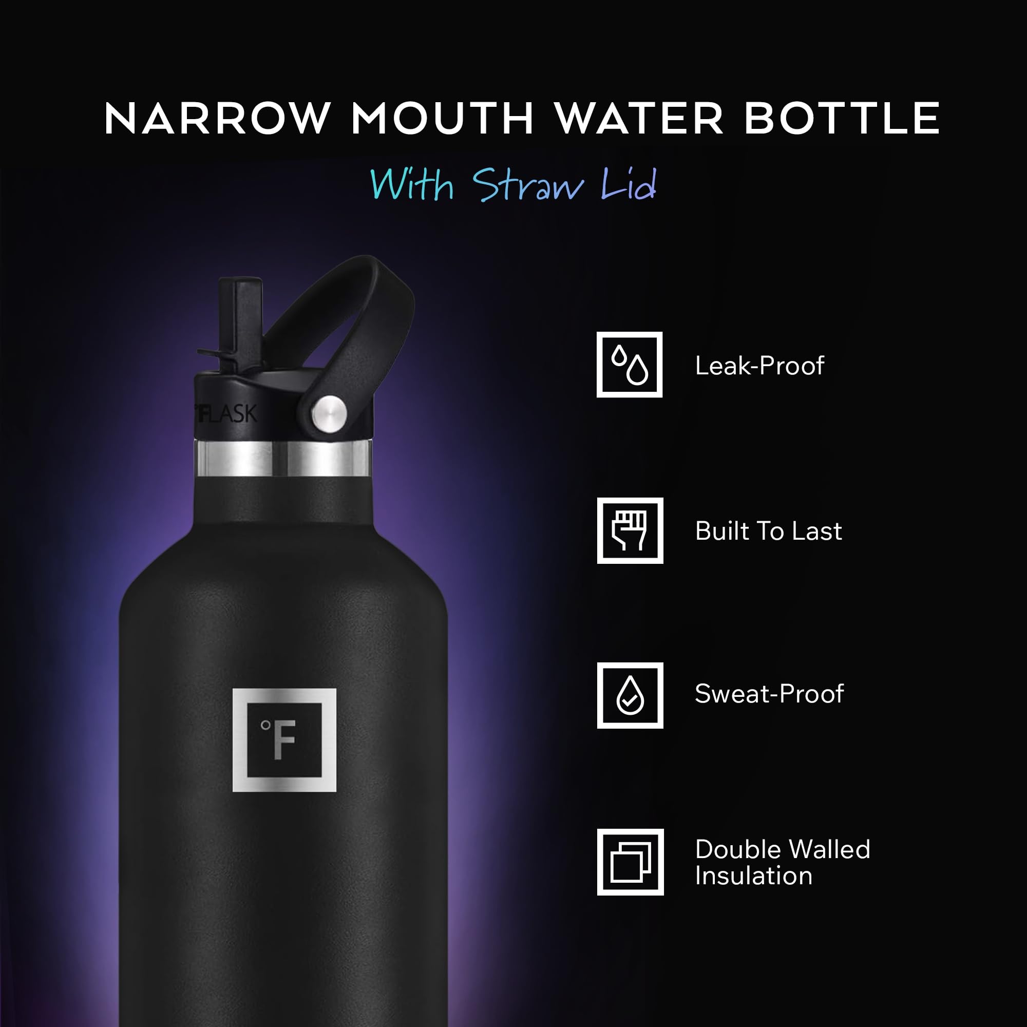 IRON °FLASK 24 oz Narrow Mouth Water Bottle with 3 Lids