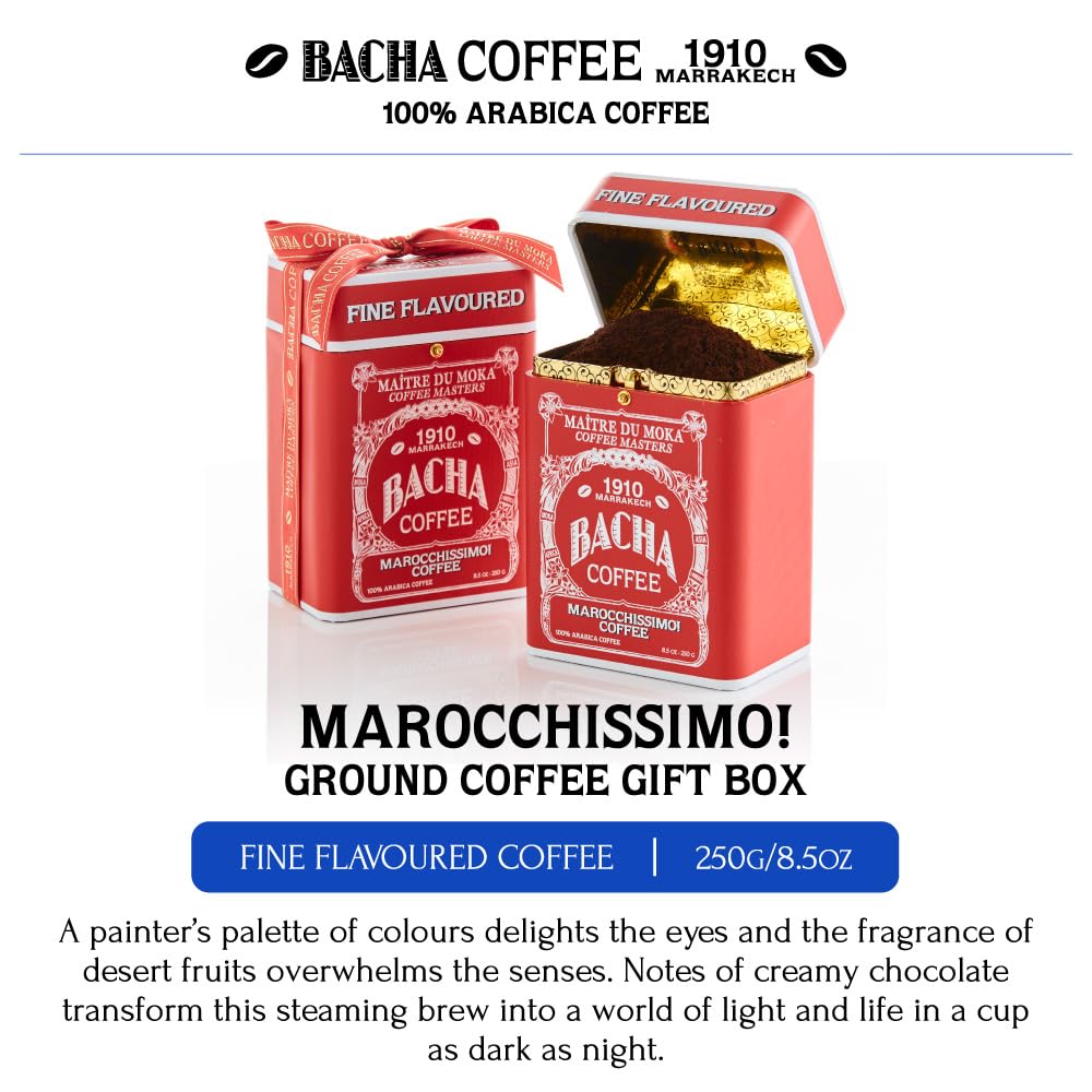 Bacha Coffee | Marocchissimo! Fine Flavoured, Ground Beans, Medium Roast, 100% Arabica Specialty Coffee, 250g Signature Nomad Collection, Gift Box