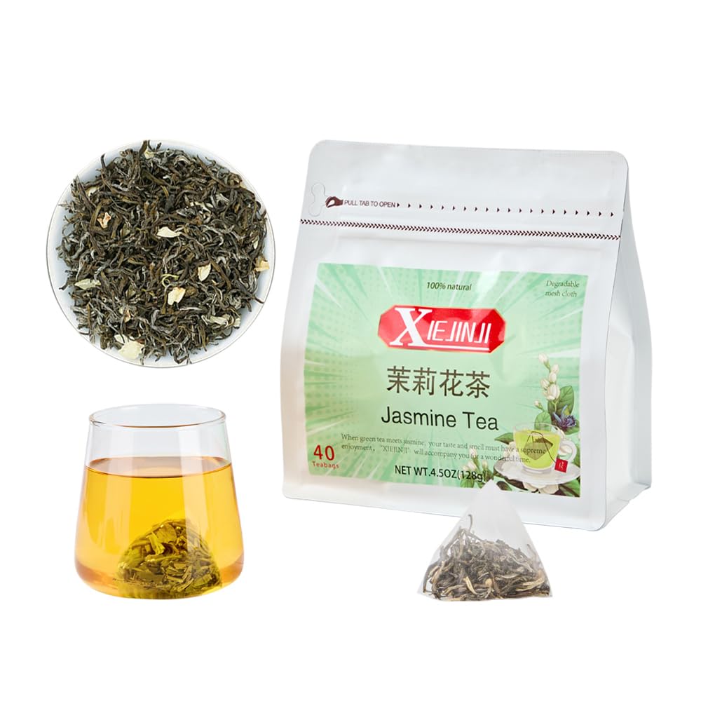 XIEJINJI Jasmine Tea, Premium Jasmine Green Teabags, Fragrant Floral Scent, 3.2g x 40 Count, Low Caffeine, Enjoy Hot or Iced, Eco-Conscious Tea Bags