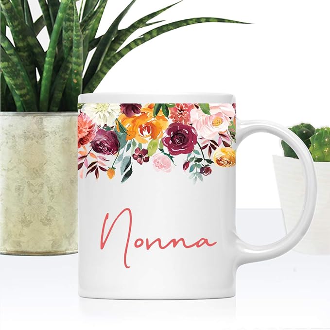 Andaz Press 11oz. Mother's Day Ceramic Coffee Tea Mug Gift, Fall Autumn Burgundy Orange Peach Flowers Roses Florals, Nonna, 1-Pack, Includes Gift Box, Birthday Christmas Gift Ideas