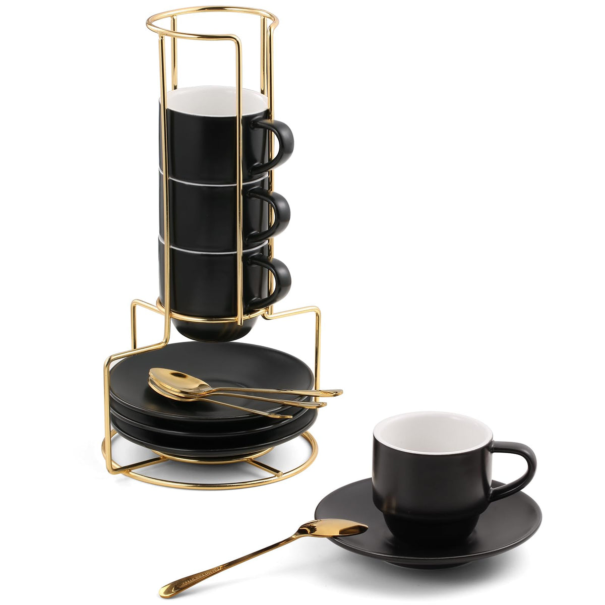 Lareina 3-Ounce Espresso Cups Set of 4, Small Stackable Coffee Cups with Saucers, Spoons and Metal Stand, Ceramic Demitasse Mugs, Espresso Accessories for Machine, Black