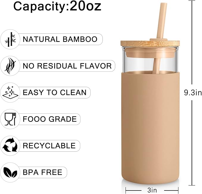 Tronco 20 oz Glass Tumbler with Lid and Straw, Reusable Iced Coffee Cup with Silicone Sleeve & Bamboo Lid, Smoothie Cup for Home,Office, for Father Men Day Gift from Wife Daughter Son (Cape Cod Blue)