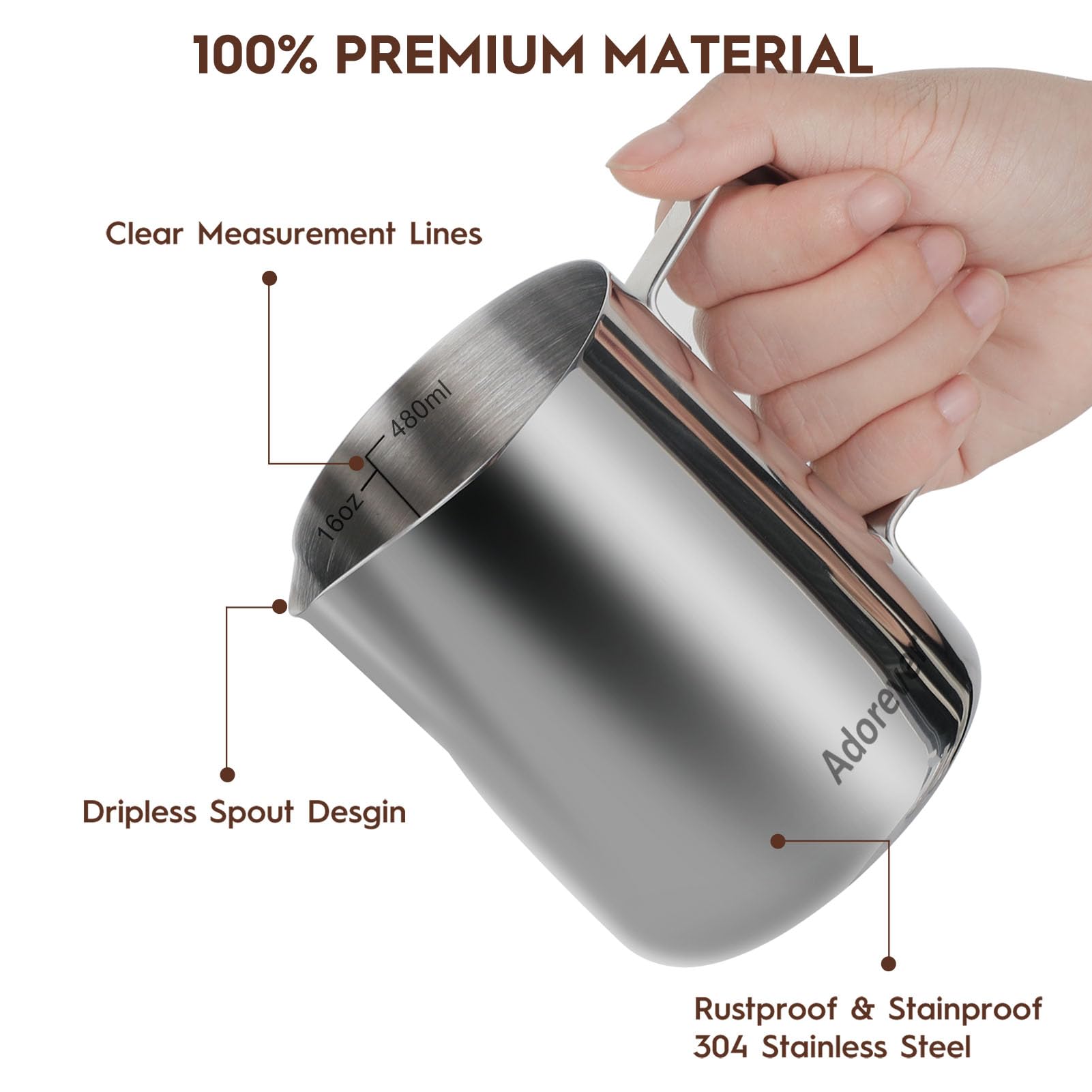Adorever Milk Frothing Pitcher, 16oz 480ml Milk Frother Cup Stainless Steel Steaming Pitcher, Coffee Bar Cappuccino Espresso Machine Accessories Barista Tools, Steamer Cup Milk Jug with Latte Art Pen
